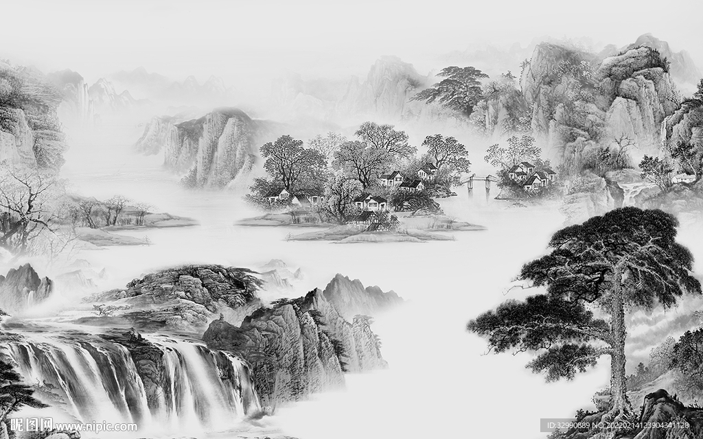 中国风客厅灰色山水 tif分层