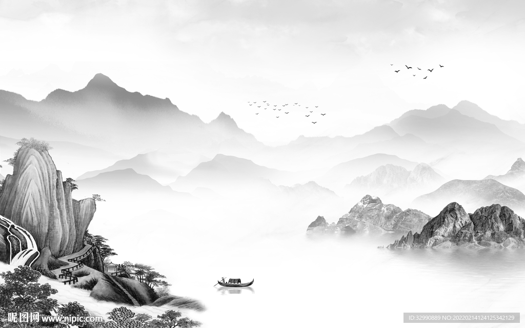 高端客厅灰色山水 tif分层