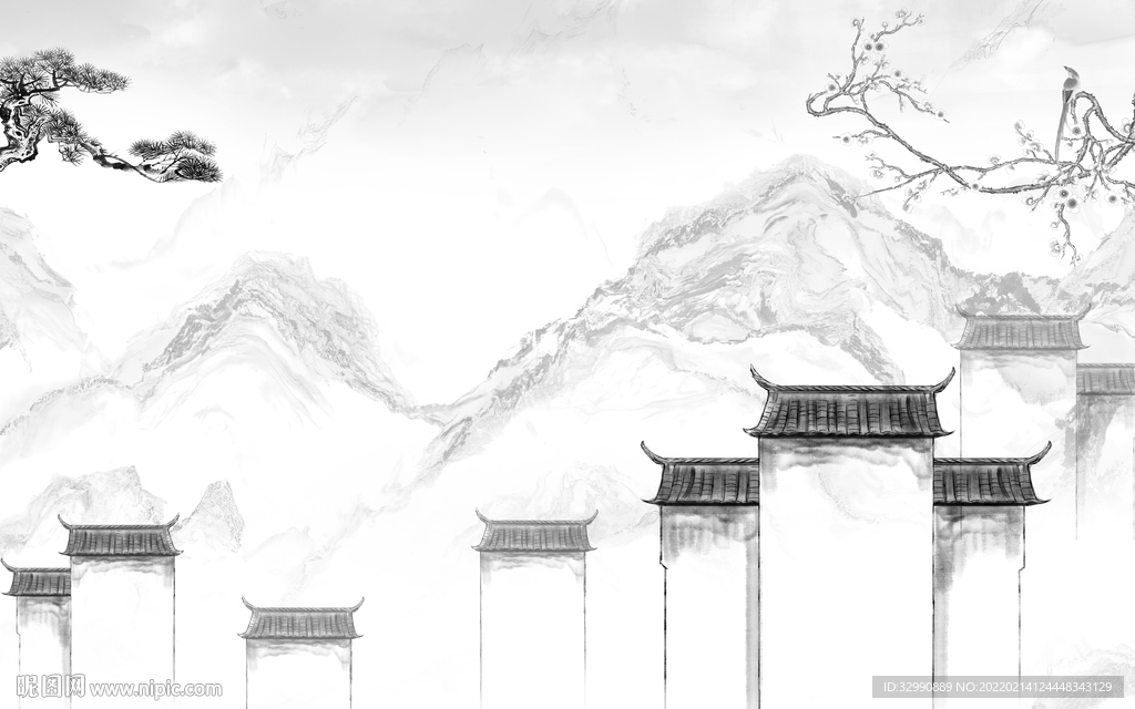 徽派客厅灰色山水 tif分层