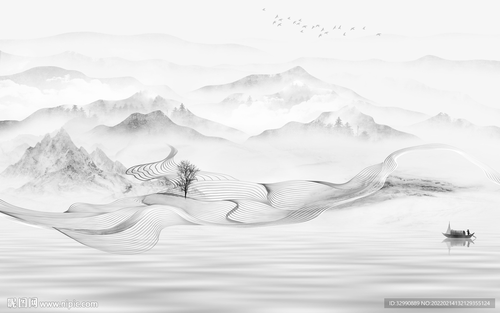 中国风灰色高档山水 tif分层