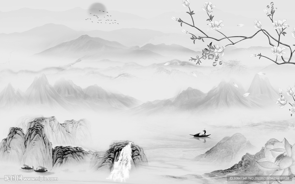 新中式灰色高清山水 TIF分层