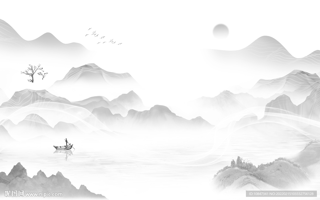 新中式最新灰色山水 TIF分层