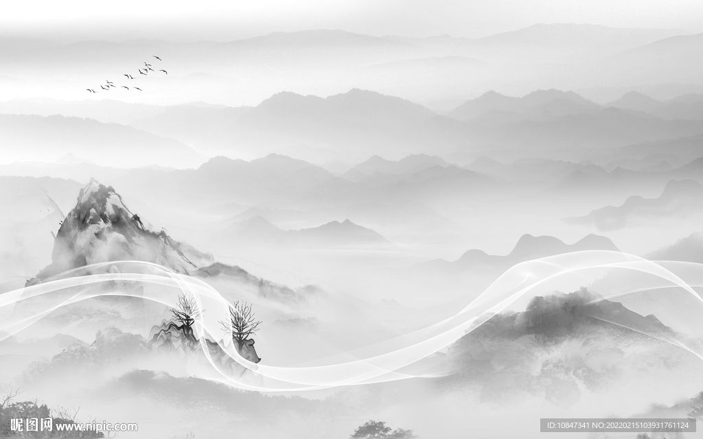 现代灰色山水墙画 TIF分层