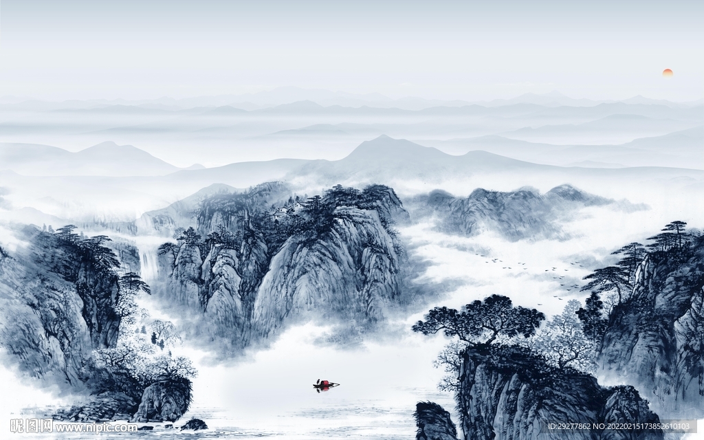 现代山水中式背景 tif分层