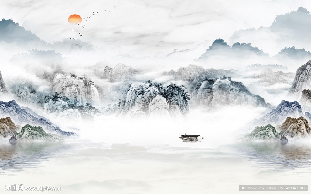 简约 山水中式背景 tif分层