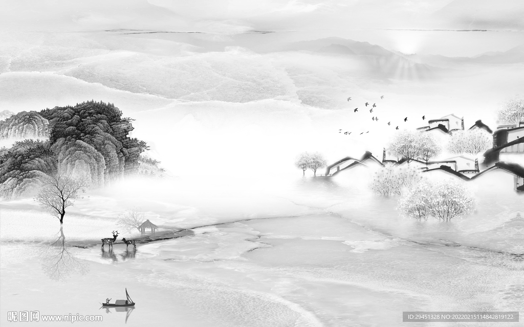 中式客厅灰色山水 TIF分层