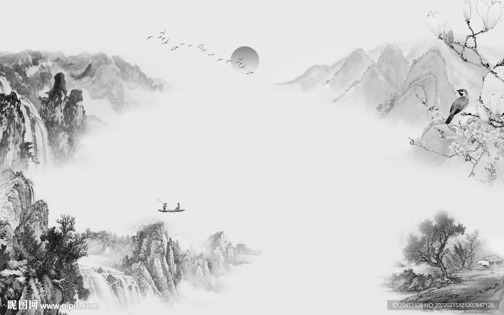 中式灰色简约山水 tif分层