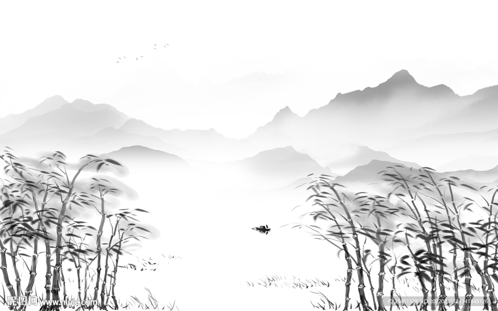 新中式灰色简约山水 tif分层