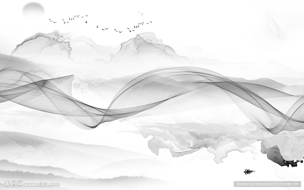 新中式灰色客厅山水 tif分层
