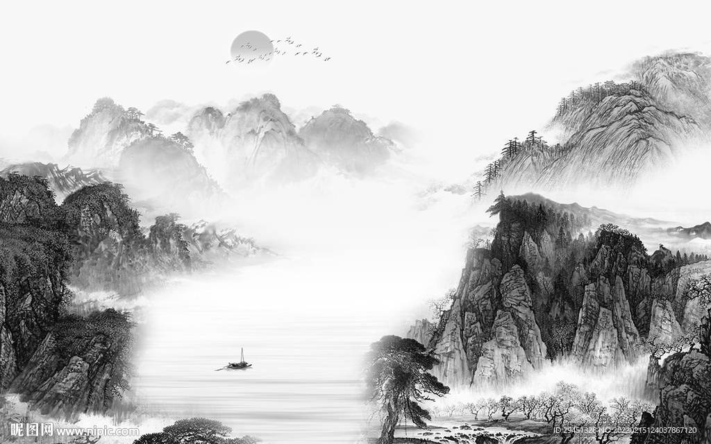 现代 灰色客厅山水 tif分层