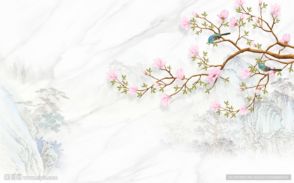 爵士白客厅山水墙画 TIF分层