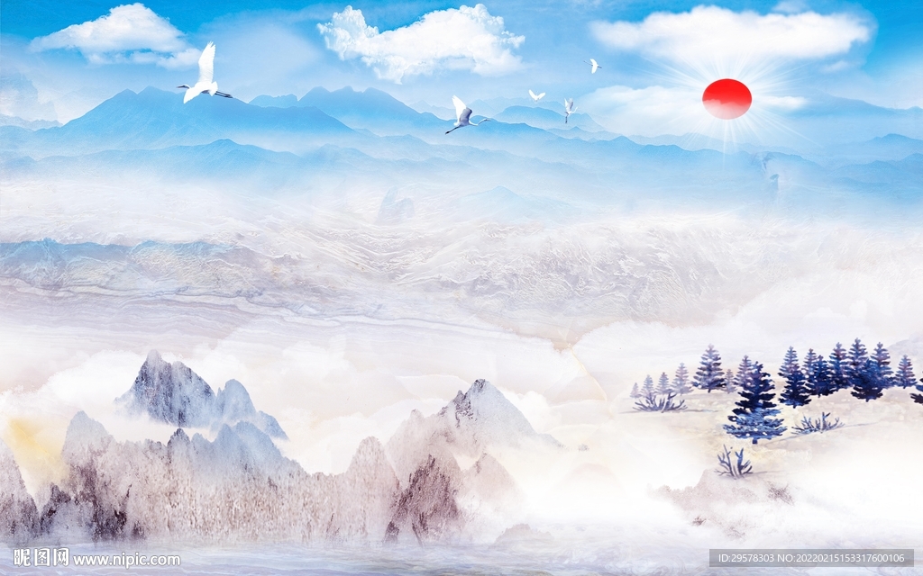 最新客厅山水墙画 TIF分层