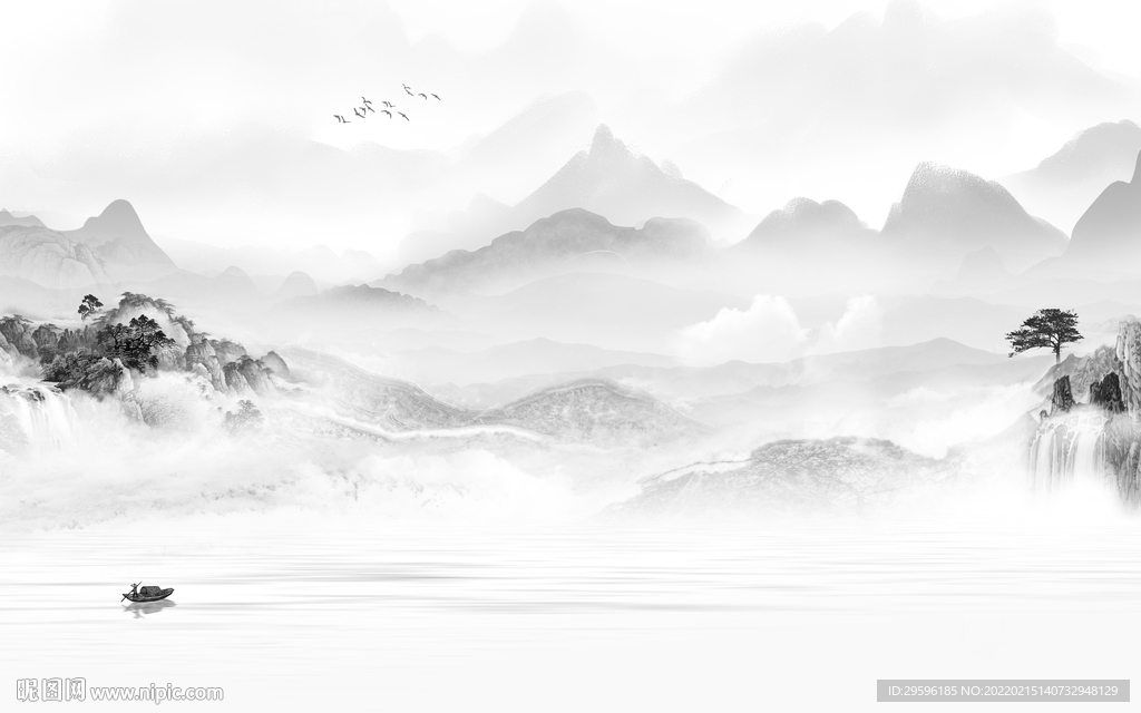 新中式别墅墙画山水 TIF分层