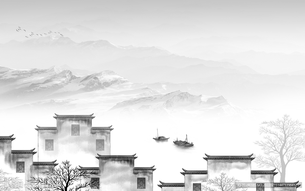 徽派别墅墙画山水 TIF分层