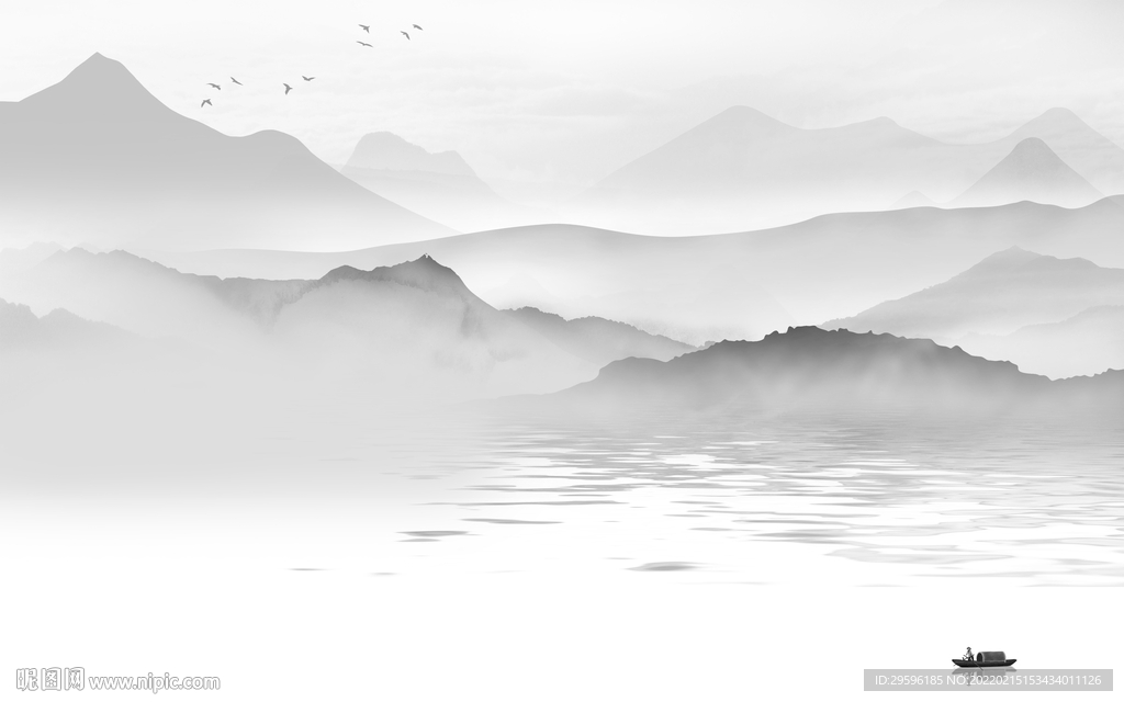 水墨别墅墙画山水 TIF分层