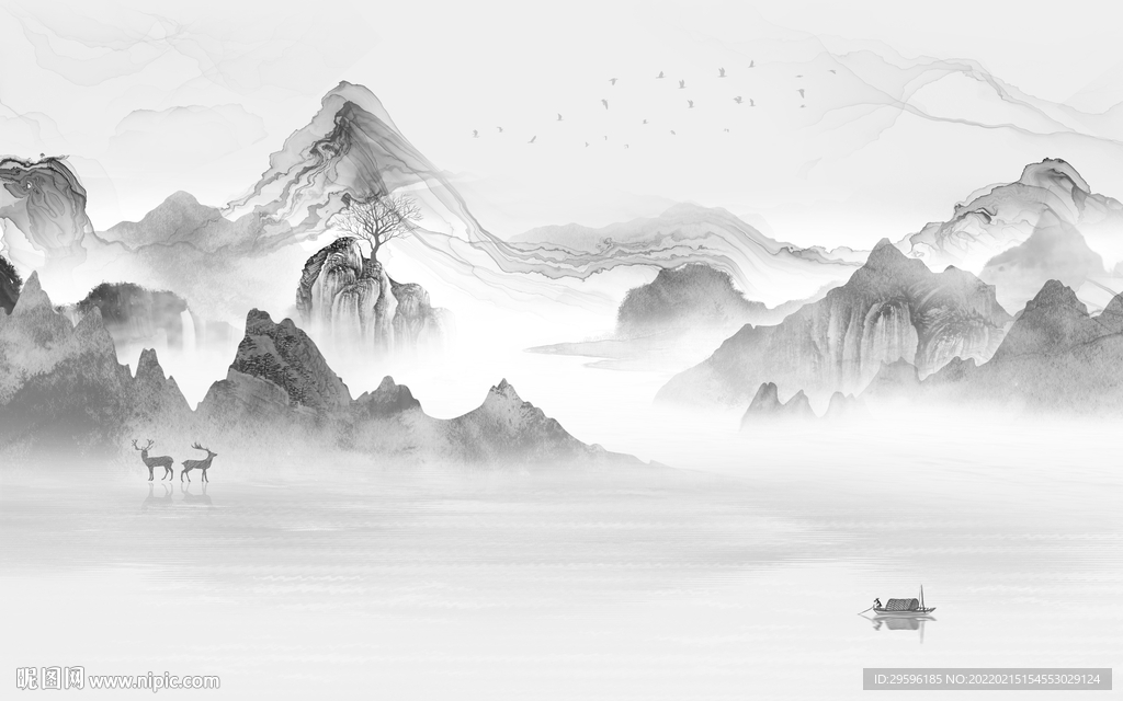 现代别墅墙画山水 TIF分层