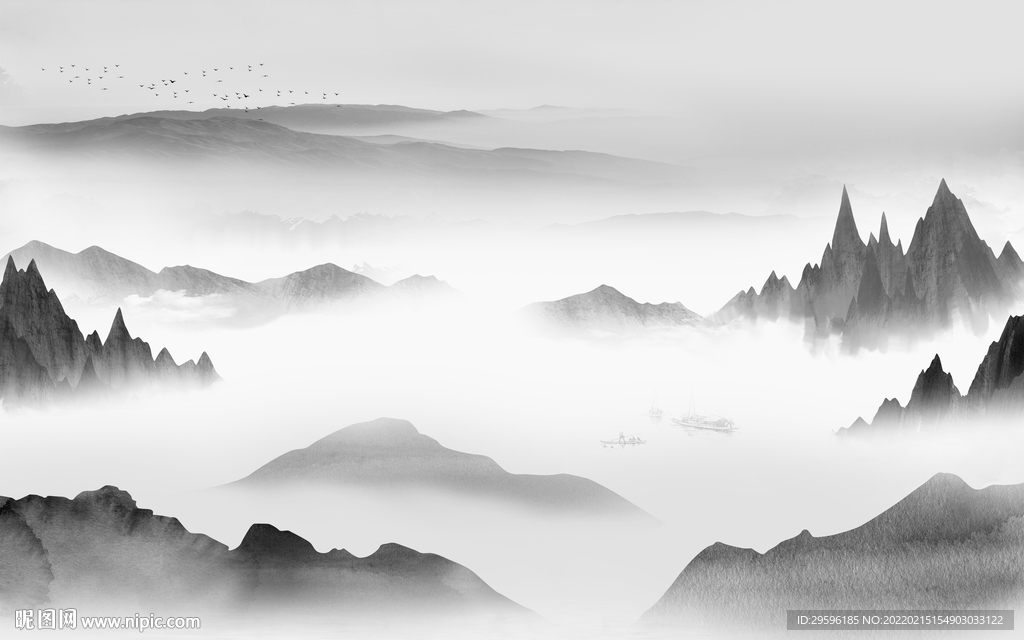 中国风别墅墙画山水 TIF分层