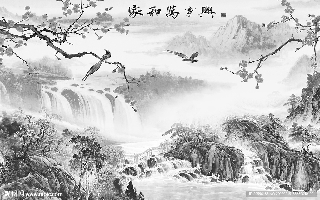 高端别墅墙画山水 TIF分层