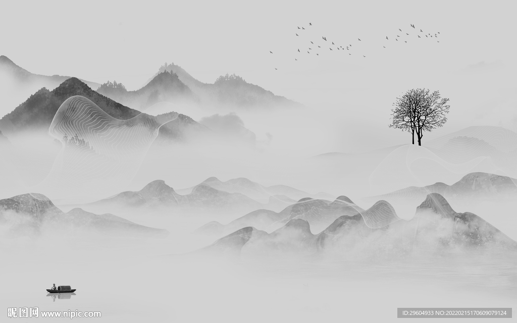 新中式高档灰山水 tif分层画