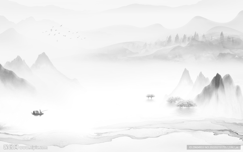 意境墙画灰色山水 tif分层