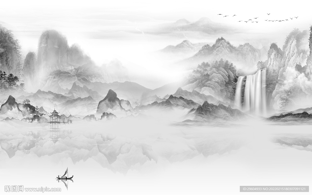 新中式墙画灰色山水 tif分层