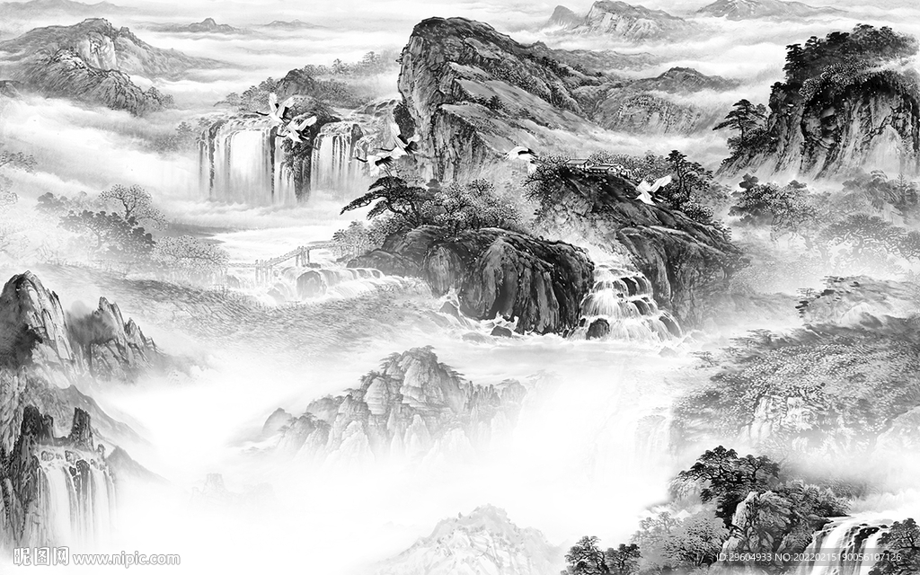 现代 墙画灰色山水 tif分层