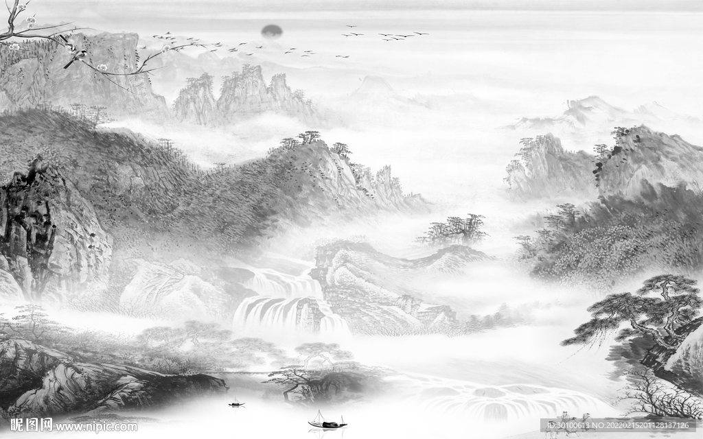 中式 灰色背景山水 tif分层