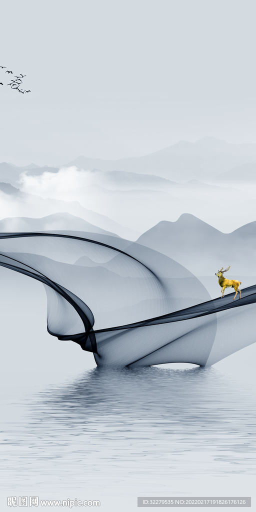 蓝色意境山水玄关 Tif分层