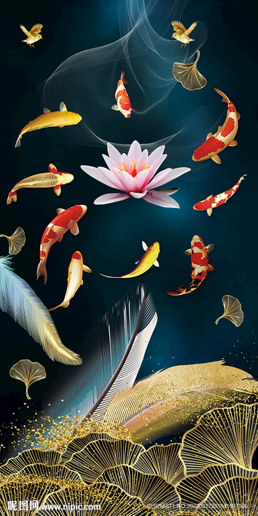 九鱼图玄关晶瓷画装饰画 