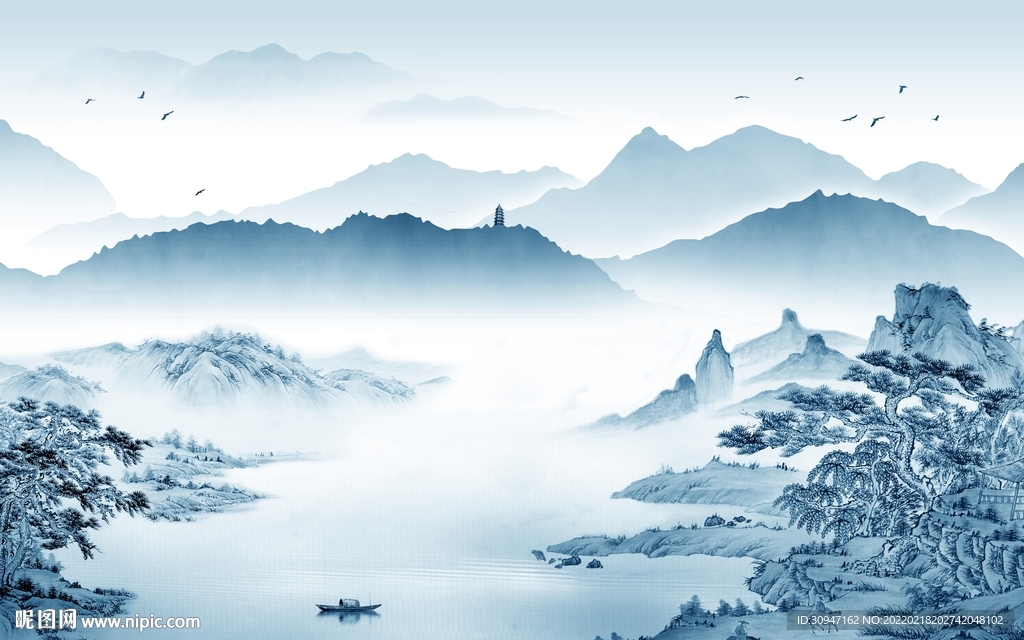 中式客厅背景山水 TIF分层