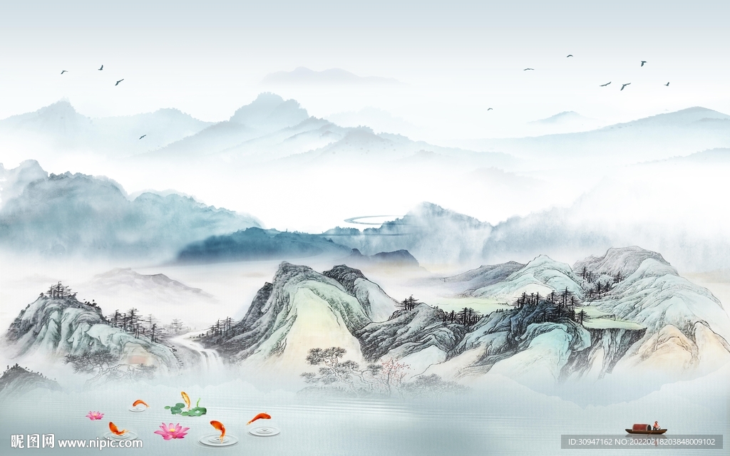 新中式客厅背景山水 TIF分层