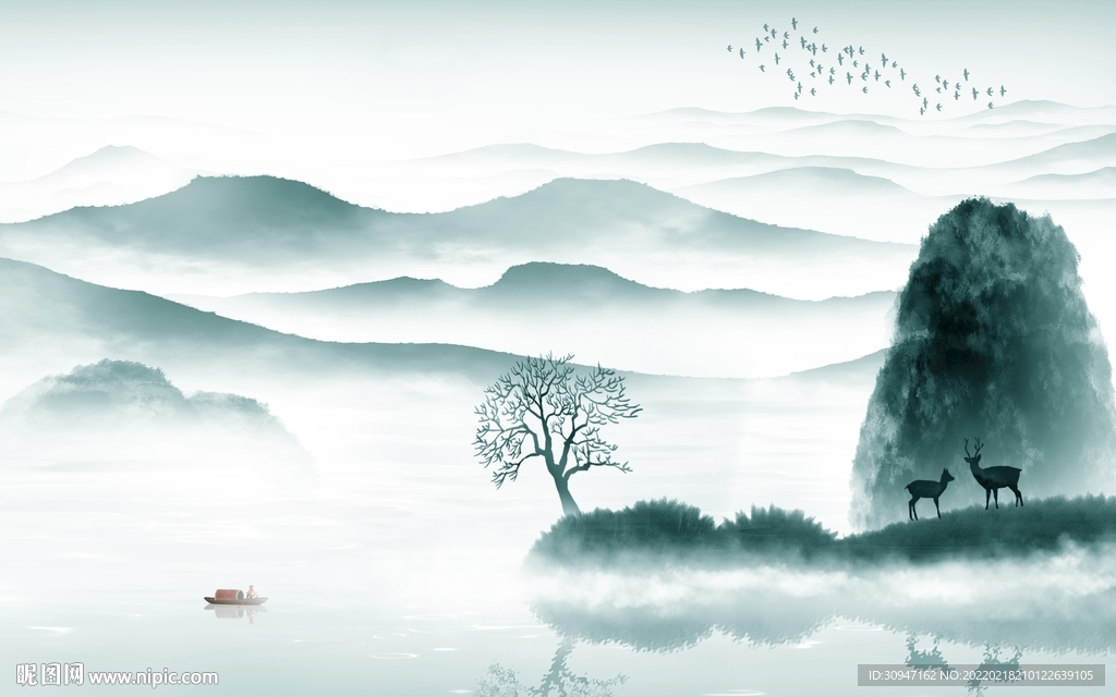 水墨客厅背景山水 TIF分层