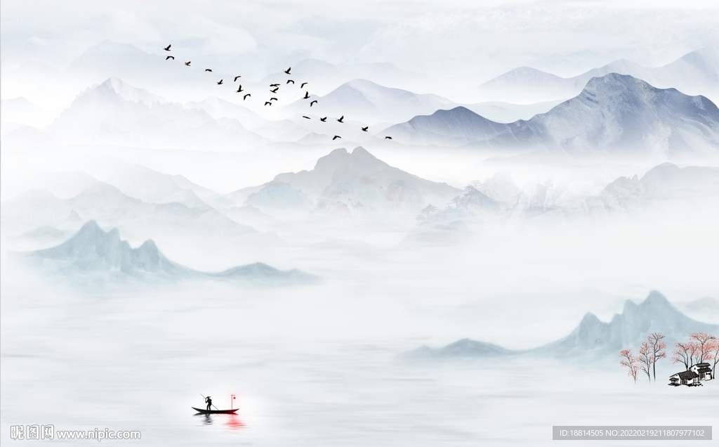 简约新中式小船山水电视背景墙