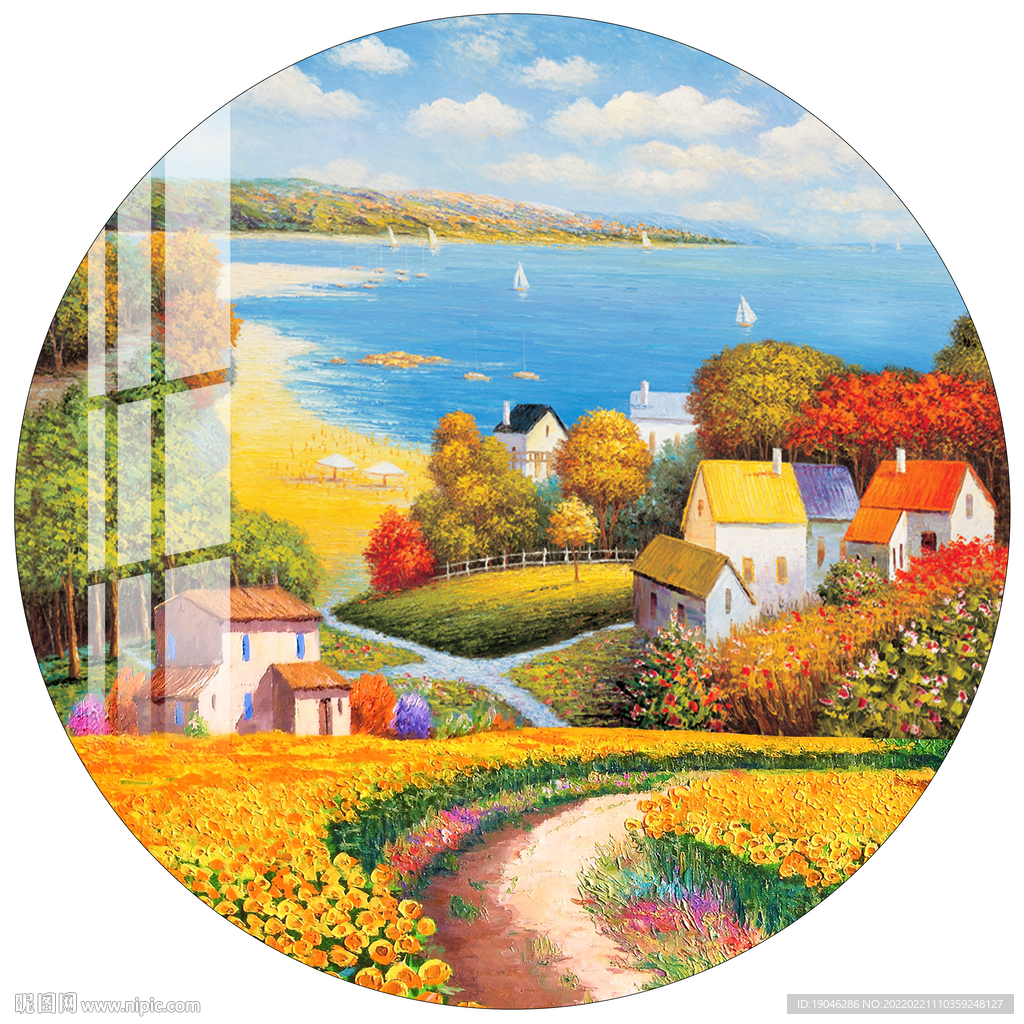 地中海风景油画圆形装饰画