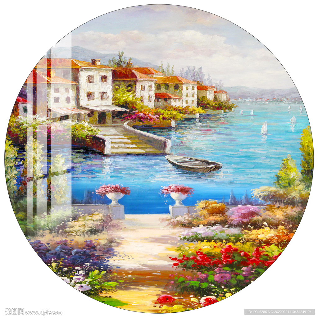 油画地中海风情圆形装饰画