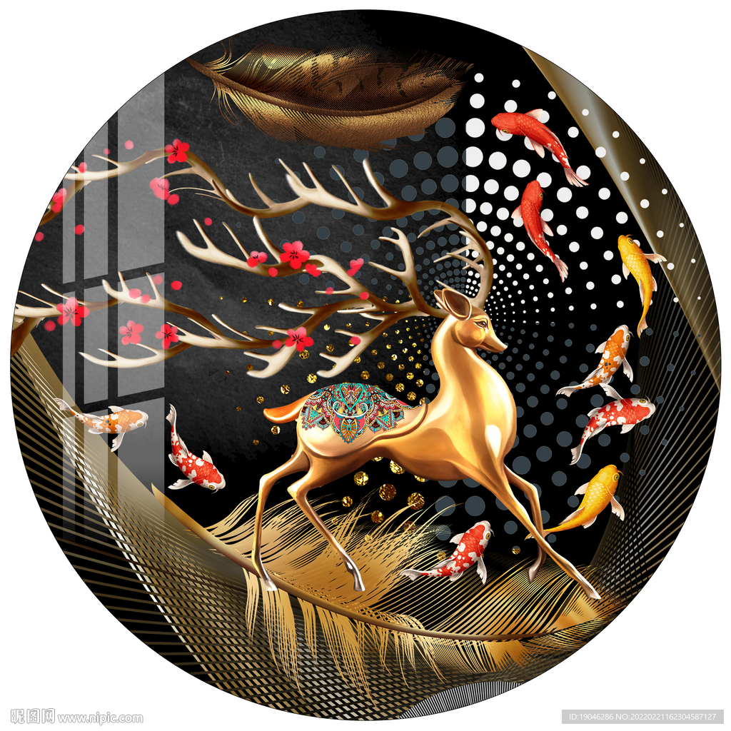 古典轻奢金色羽毛麋鹿圆形装饰画