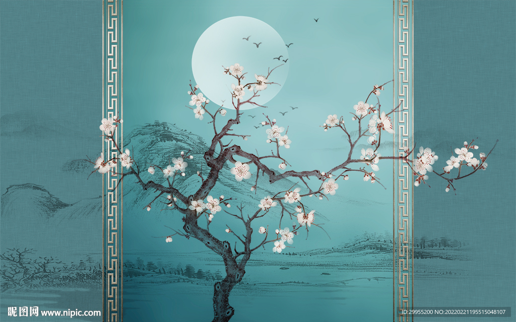 新中式梅花山水背景墙