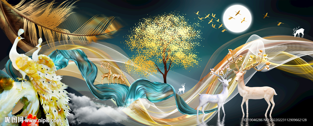 金色羽毛麋鹿现代装饰画