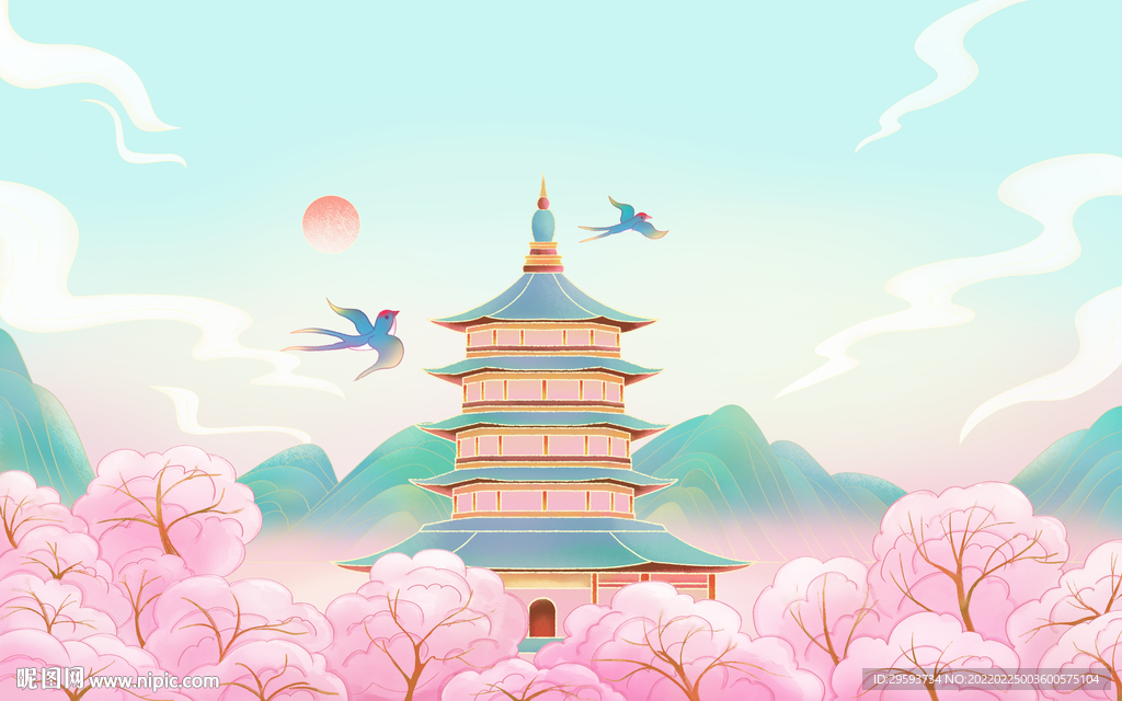 手绘国潮风春天插画背景