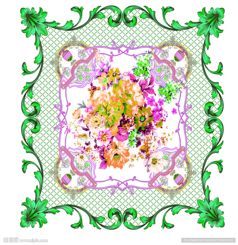 大牌方巾 大牌花型 手绘花 数