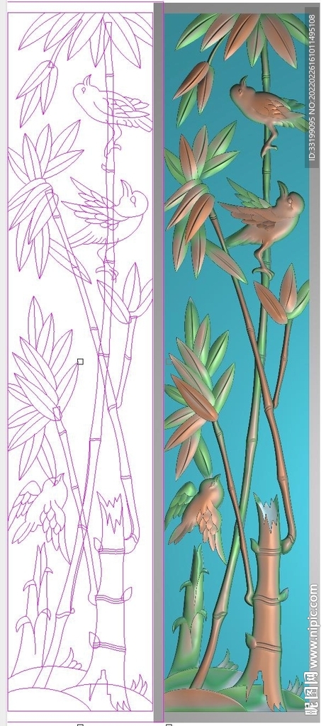 竖板竹子鸟花鸟精雕图浮雕图灰度