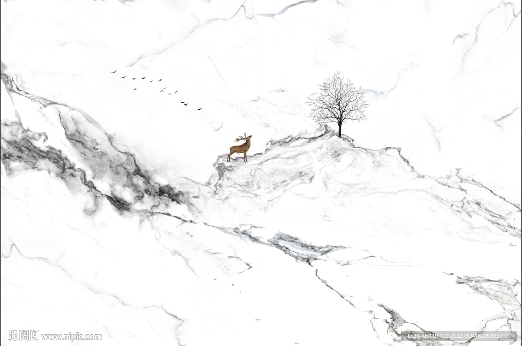 大理石纹山水麋鹿电视背景墙