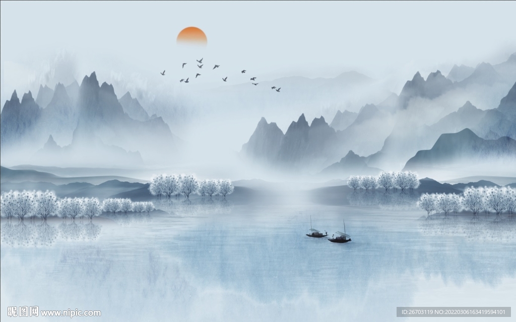 新款爆款浅蓝色山水背景墙