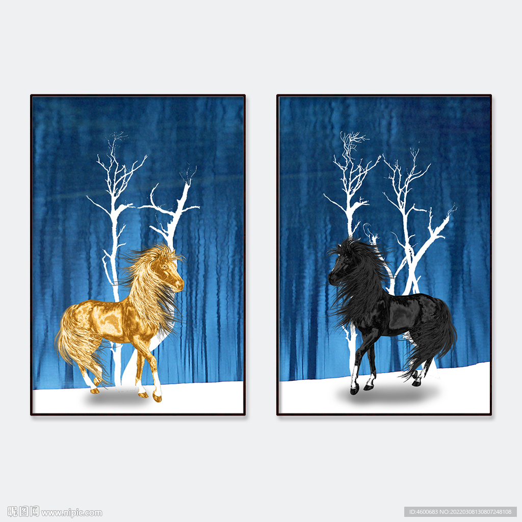 简单吉祥动物黑金马装饰画