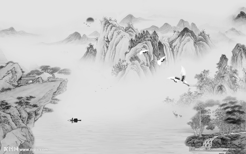 别墅 意境灰色山水 tif分层