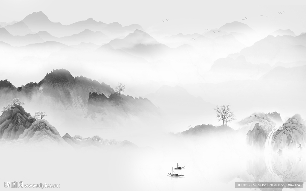 人气灰色客厅山水 tif分层