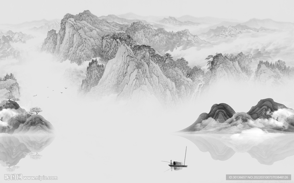 水墨灰色客厅山水 tif分层