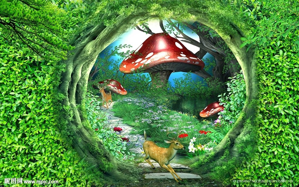 树林麋鹿电视背景墙