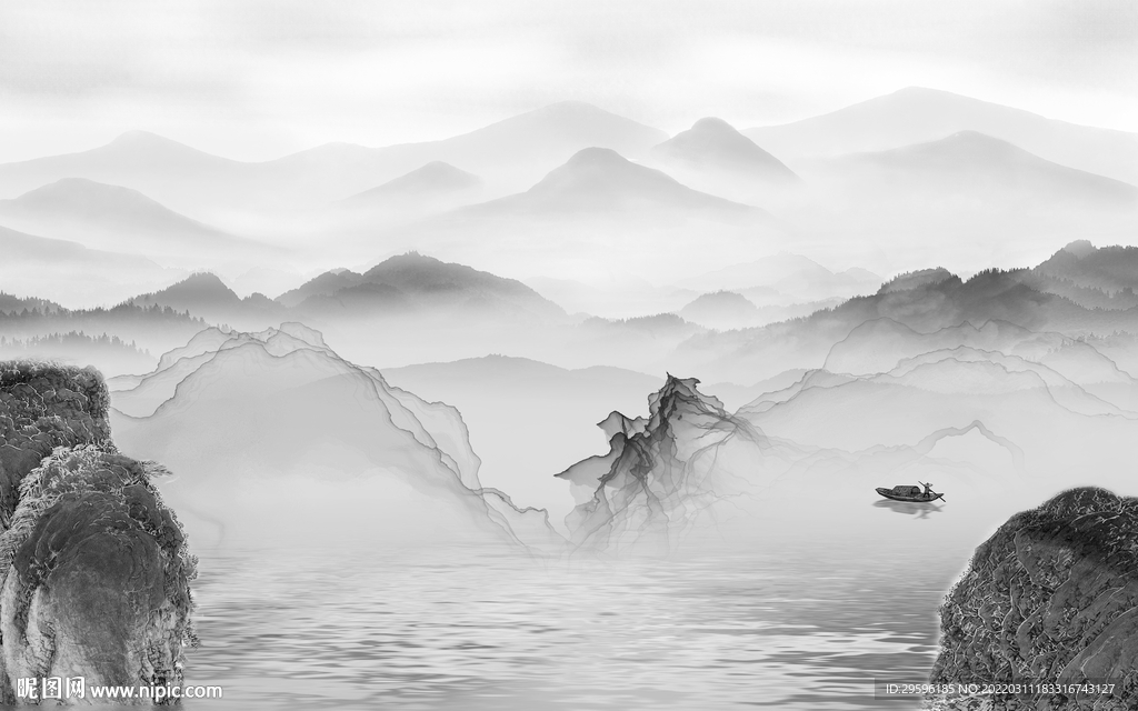 别墅中式灰色山水 TIF分层