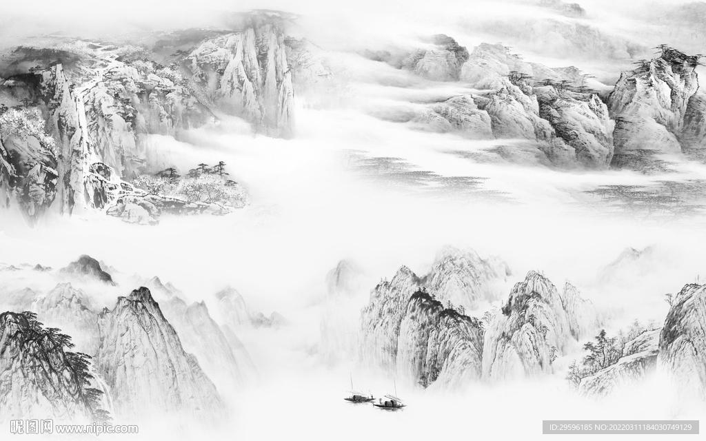 水墨中式灰色山水 TIF分层